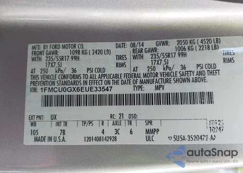 2014 Ford Escape Se из США, поврежденный, VIN 1FMCU0GX6EUE33547